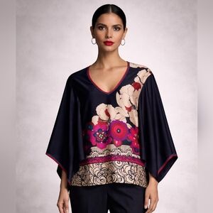 Trina Turk Black Silk V-Neck Kimono Top with Fuchsia Floral